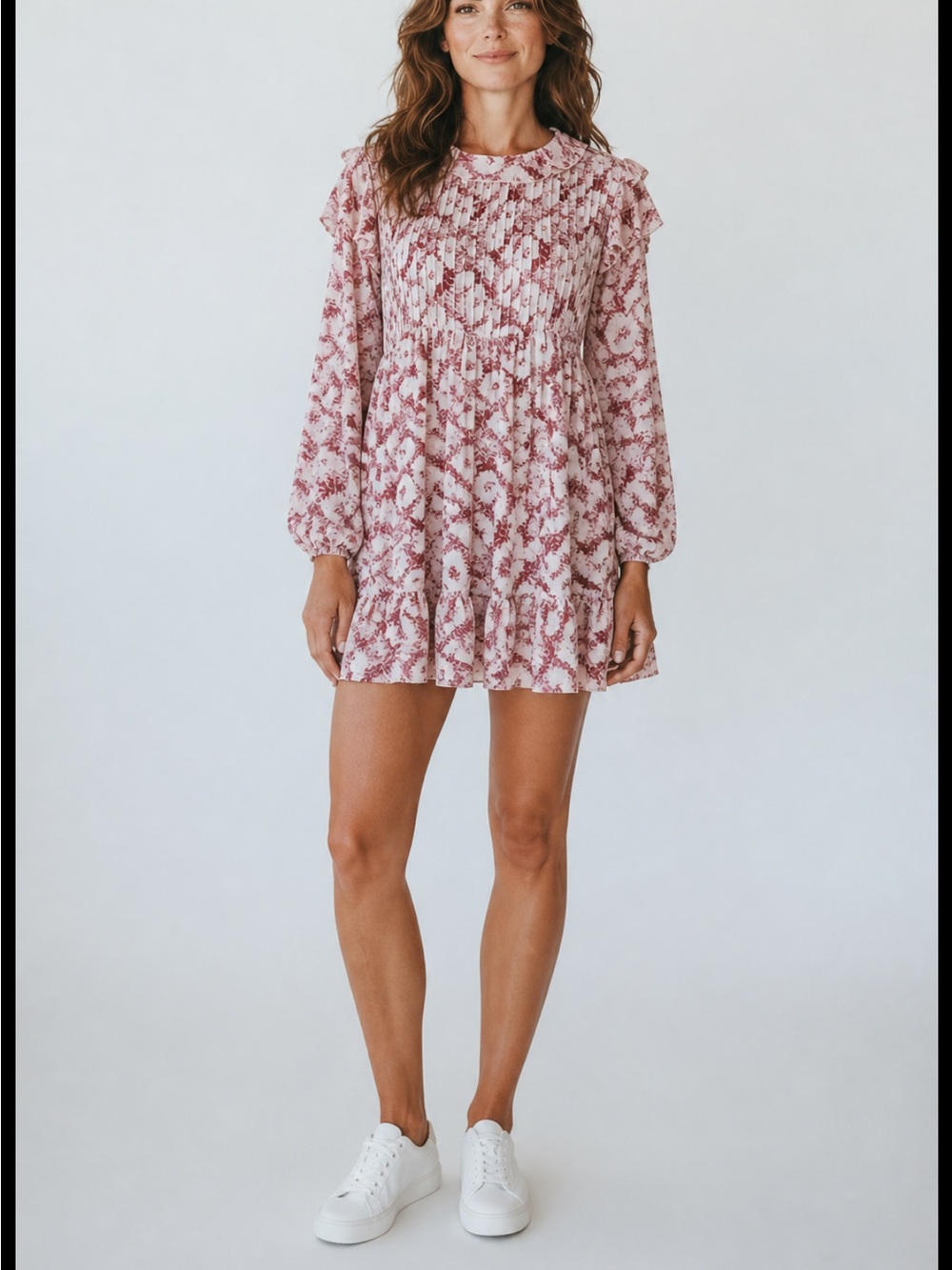 Free People Sz M These Dreams Red Floral Print Pleated Long Sleeve Mini Dress